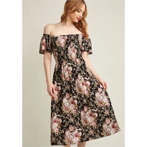 Lace & Mesh smocked floral boho midi off shoulder dress sz XL